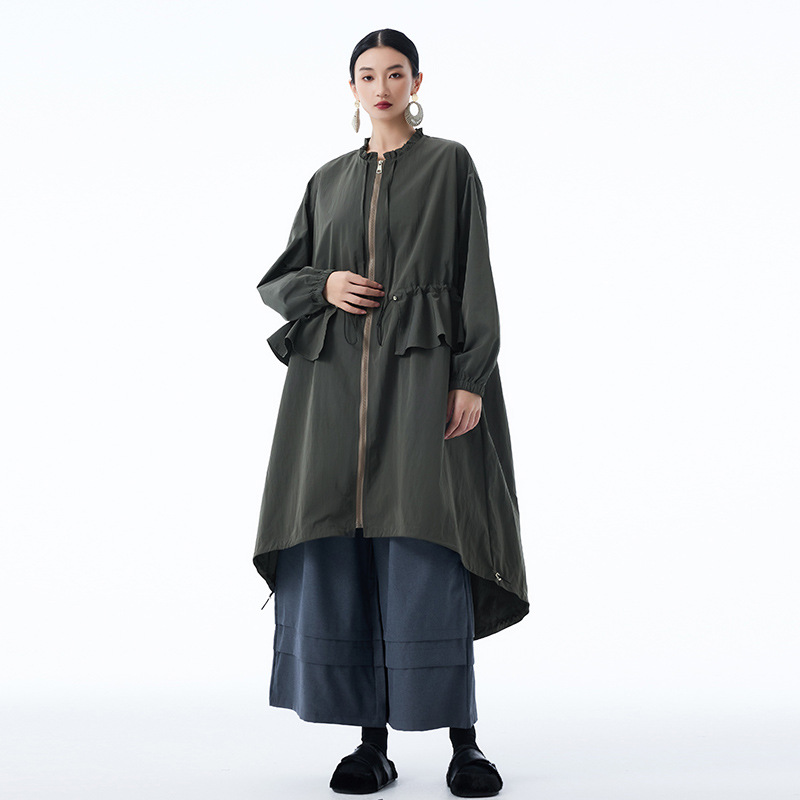 Japanese Retro Patchwork Ruffled Loose Long-Sleeve Cardigan Trench Coat for Women, New Autumn Slim-Fit Casual Simple Jacket