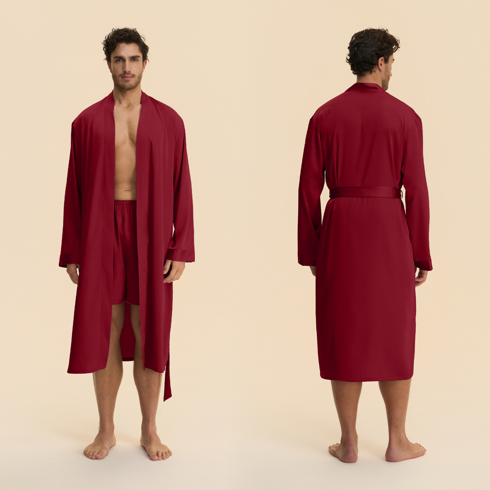 Primavera y otoño nuevo hombre transfronterizo de color sólido pijama largo corto con cara bata de baño conjunto de ropa de casa 3989