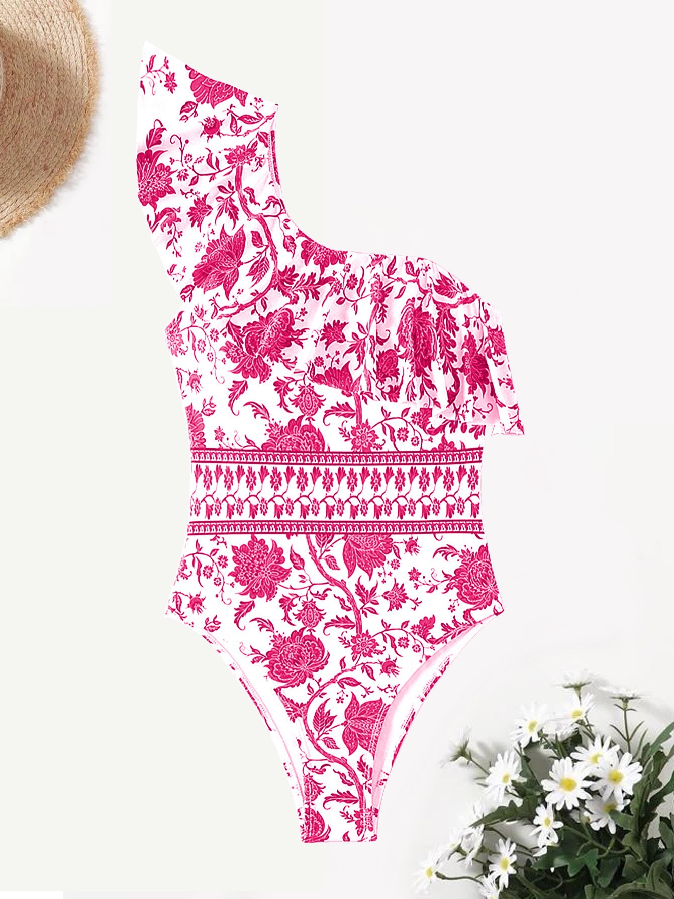 201g Weight Sleeveless Sleeve Length Polyester Fabric Type Regular Top Length Bodysuit Tops Type Swimming Occasion One Shoulder Neckline Skinny Fit Type Flower Pattern Women's Gender Bohemian Style Women's Bohemian Flower One Piece Swimwear 18