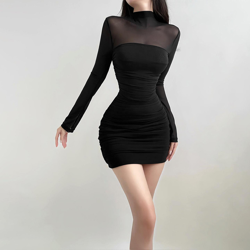 Half-high collar mesh stitching long sleeve micro-transparent hot girl dress summer new pure wind skirt foreign trade wholesale