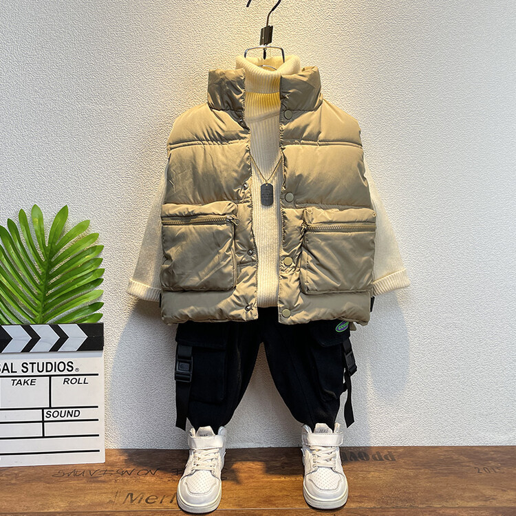 Βαμβακερό γιλέκο για αγόρια διπλή τρισδιάστατη τσάντα στα τέλη του φθινοπώρου, αμάνικο συν, παιδικός χειμώνας_voghion.com