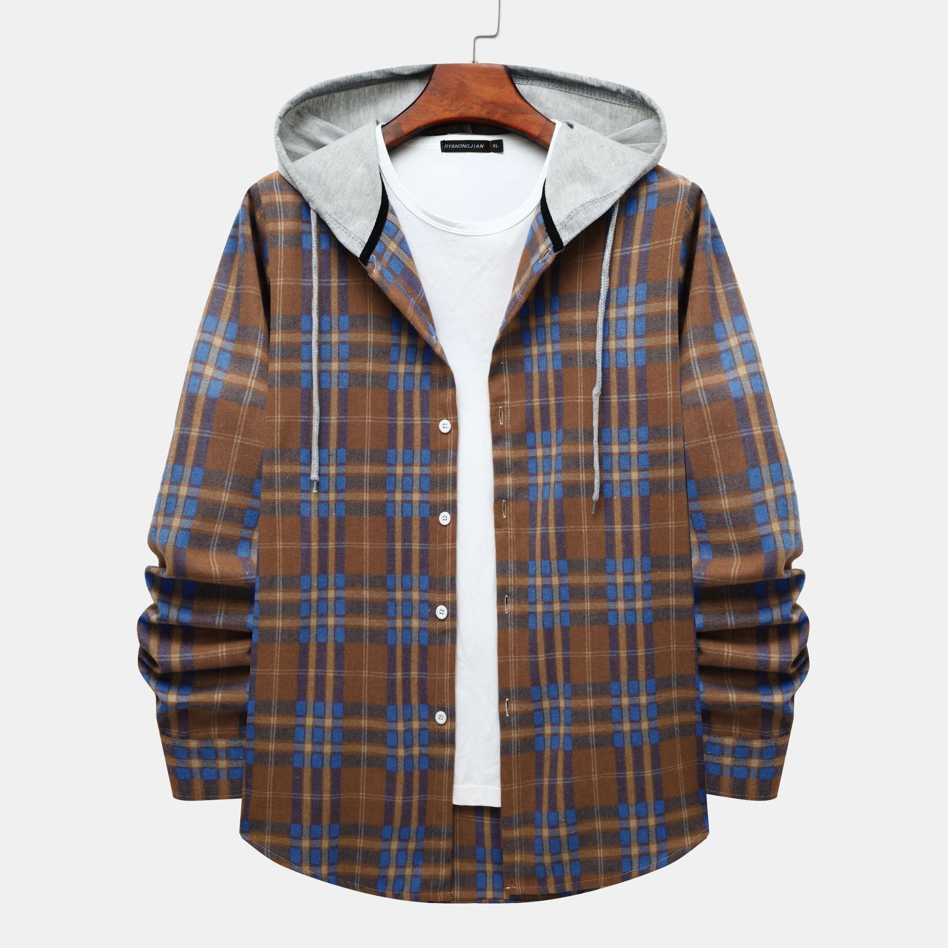 Camisa a cuadros con capucha transfronteriza para hombres 2023 Comercio exterior otoño Harajuku estilo camisa a cuadros con capucha para hombres camisa casual estilo Hong Kong