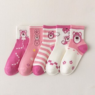 5 pairs of free shipping children's socks autumn and winter new strawberry bear tube socks cute sweet girl socks manufacturers wholesale