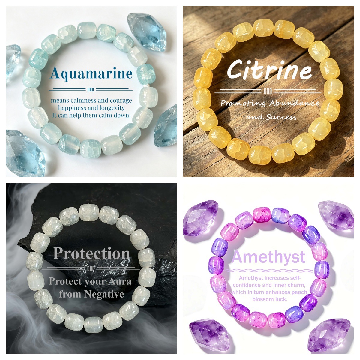 European and American Popular Energy Bead Set with Ice-Clear Aquamarine, Yellow Crystal, Purple and White Crackle Crystal Stones for Calming and Good Luck