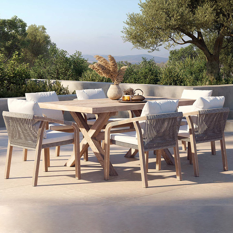 Mesas y sillas de teca para exteriores para villas, hoteles, patios, jardines, ocio al aire libre, terrazas de ratán, muebles de madera maciza impermeables y resistentes al sol.