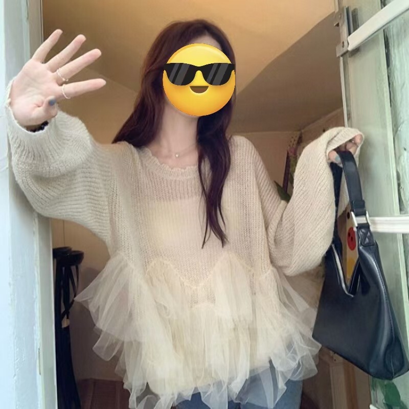 2025春季宽松显瘦气质仙气针织衫套头上衣慵懒风网纱拼接长袖女|undefined