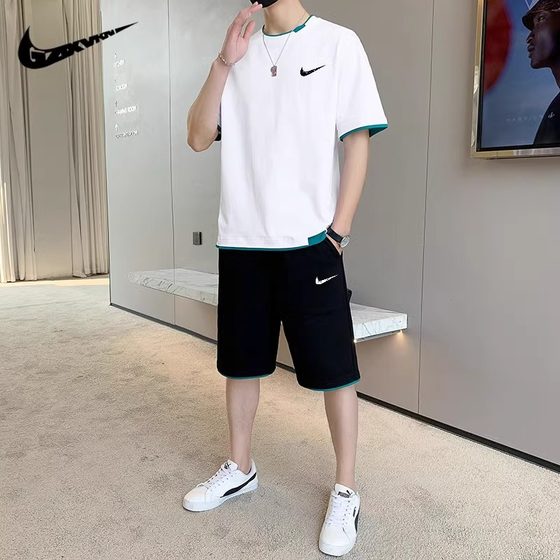 Brand Fashion Brand Casual Sports suit Men's Summer Pure Cotton Round Neck Short-sleeved T-shirt Half Shorts Handsome Two-piece Set