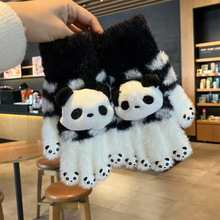 可爱熊猫针织毛绒手套女秋冬季加厚防寒保暖露二指可触屏学生骑行