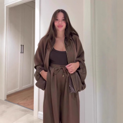 亚马逊跨境2025秋季欧美新品女装时尚舒适优雅两件套翻领气质套装