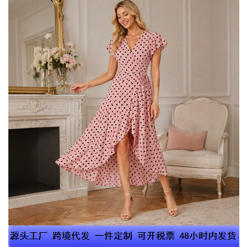 跨境SHINE女士波点印花V领荷叶袖连衣裙女Polka Dot Print Dress