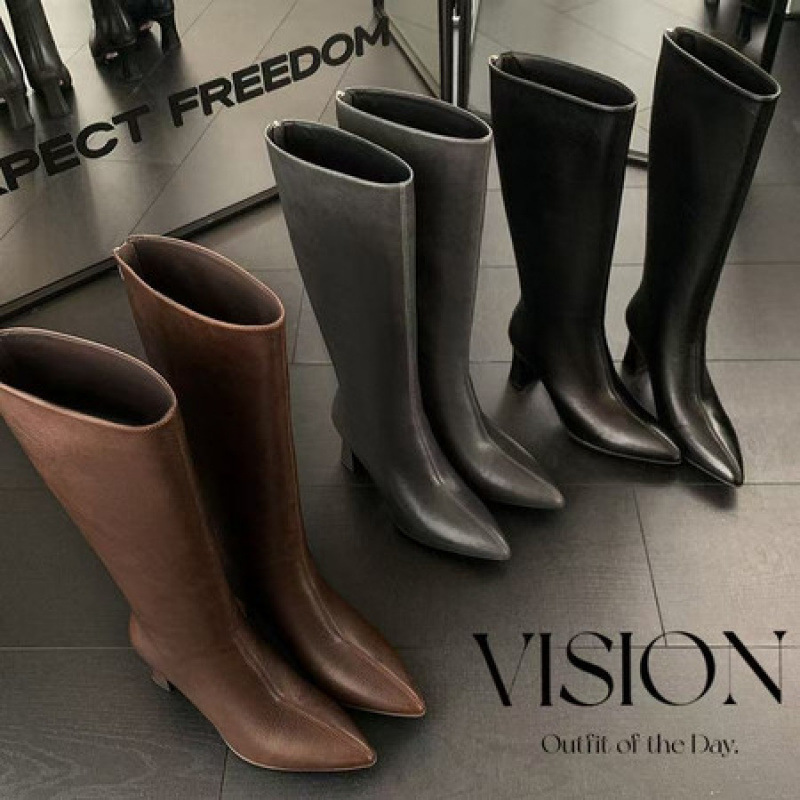 5cm Thick Heel High Heel Gray High Knee Boots Women's Autumn and Winter New Genuine Leather Square Toe Long Boots Knight Boots