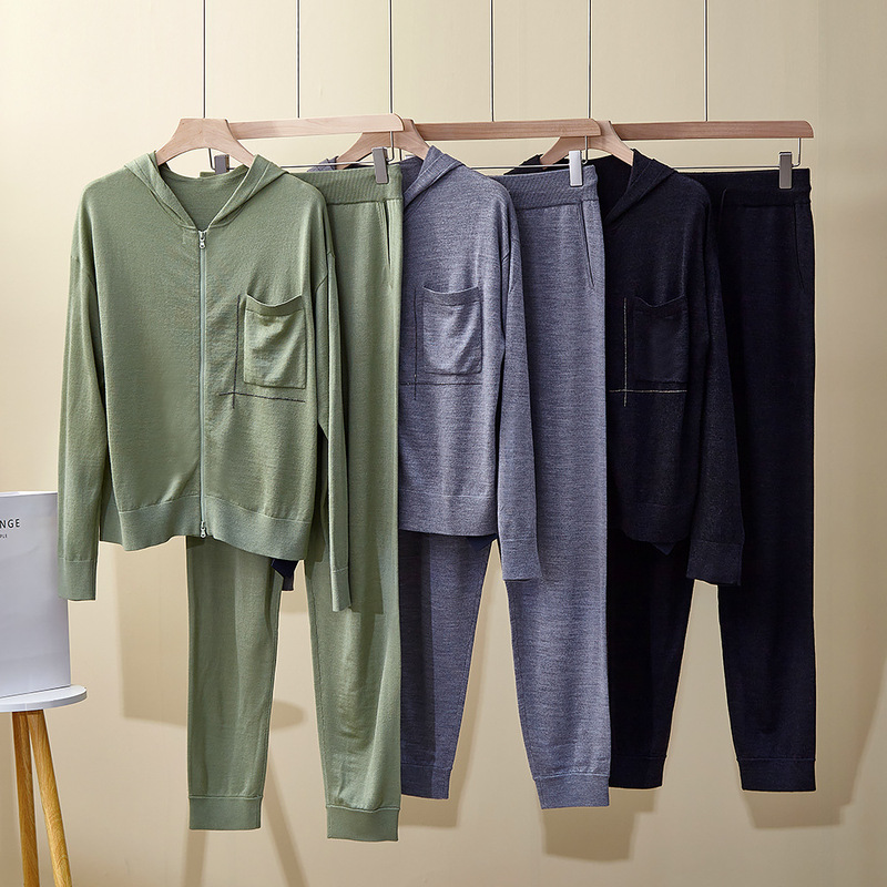 Spring and Summer Italian Bc New Casual Fashion Suit Hooded Beaded Silk Wool Pants Knitted Two-Piece Set for Women