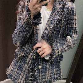 西装女2026春秋新款加厚修身粗花呢小香风中长款外套女