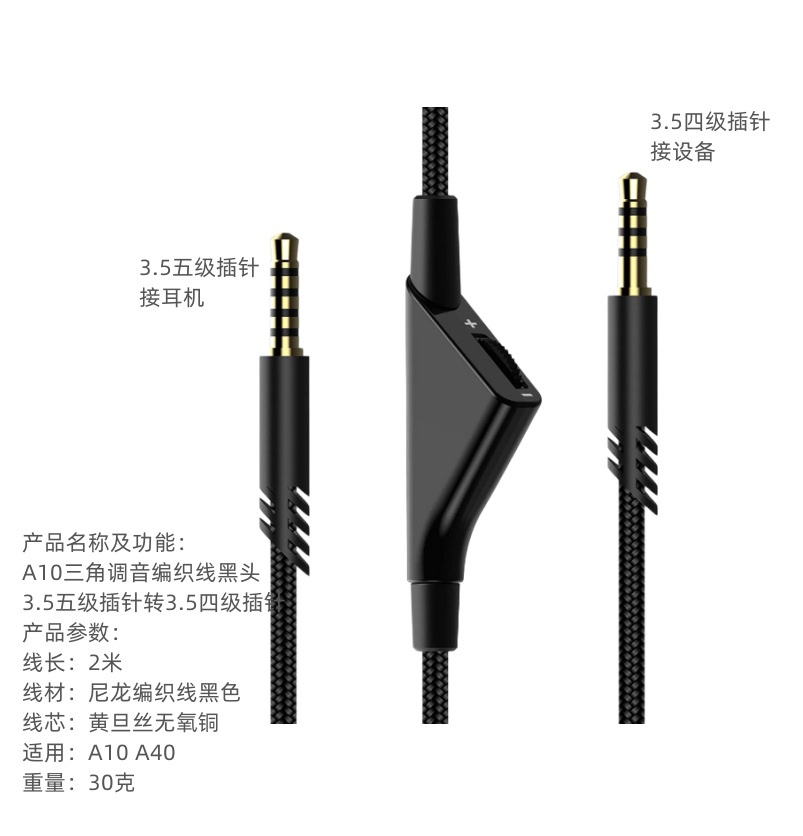Aplicable a Logitech AstroA10 A30 A40 auricular cable polea botón de ajuste mudo cable de audio tejido