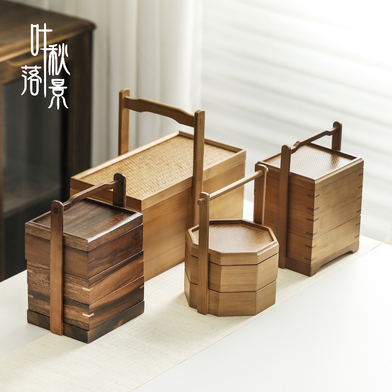 竹木新款复古提篮三层便携式茶具收纳盒食盒托手提新中式茶道篮子|undefined
