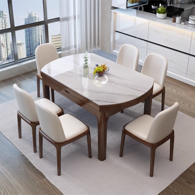 Mesa de comedor de tabla de roca doméstica pequeña sala de estar rectangular silenciosa plegable mesa redonda tabla de comedor de madera maciza