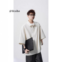 潮牌凉感宽松休闲衬衫男夏季美式条纹拉链短袖高街设计感宽松衬衣