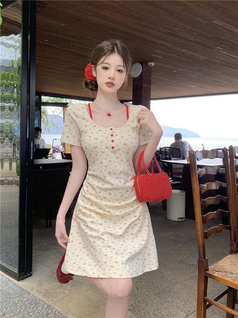 大码女装度假风短袖碎花显瘦长短裙子胖mm气质夏季法式收腰连衣裙-阿里巴巴