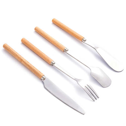 Wooden thin handle dessert fork and spoon 410 stainless steel tableware three-piece steak western food tableware knife, fork and spoon set