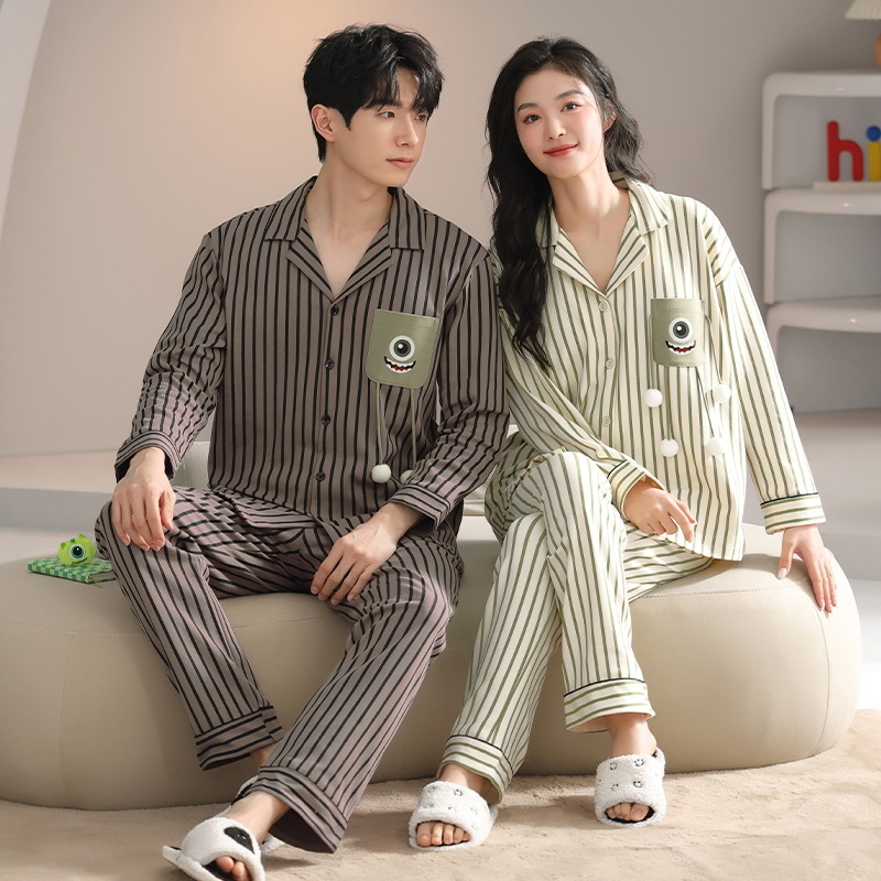 봄과 가을 새 커플 잠옷 여성용 긴 소매 카디건 편안한 홈 의류 남성 느슨한 커플 캐주얼 가을과 겨울 세트