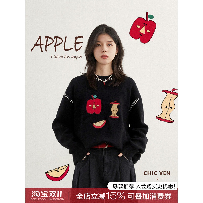 Chicven Retro Winter Loose Cotton Round Neck Apple Embroidered Sweater Warm and Comfortable Top Chicven Retro Winter Loose Cotton Round Neck Apple Embroidered Sweater Warm and Comfortable Top