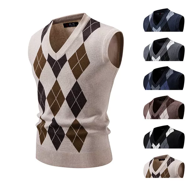 Cross-border Foreign Trade Men's Sleeveless Vest Knitwear Fashion Rhomboid Middle-aged V-neck Inner Waistcoat Vest Dad's Clothes