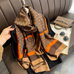 美式條紋數字卡其色棕色長巾仿真絲麗錦緞絲巾沙灘巾夏旅遊女