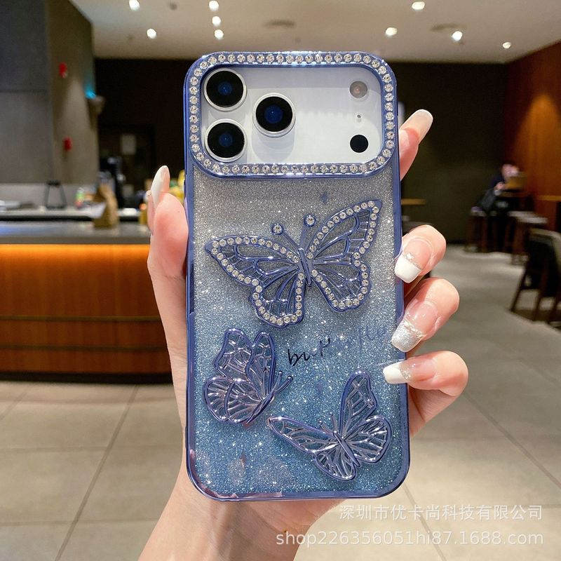 iPhone17promax電気メッキ携帯電話ケース立体バタフライフラッシュダイヤモンドApple 16グラデーショングリッター保護カバーに適しています。|undefined