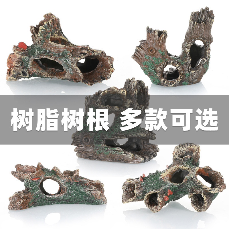 Tree Root and Tree Hole Aquarium Landscaping Resin Decoration Scenery for Fish and Shrimp Hiding, Rockery for Resting and Spawning, Creative Design