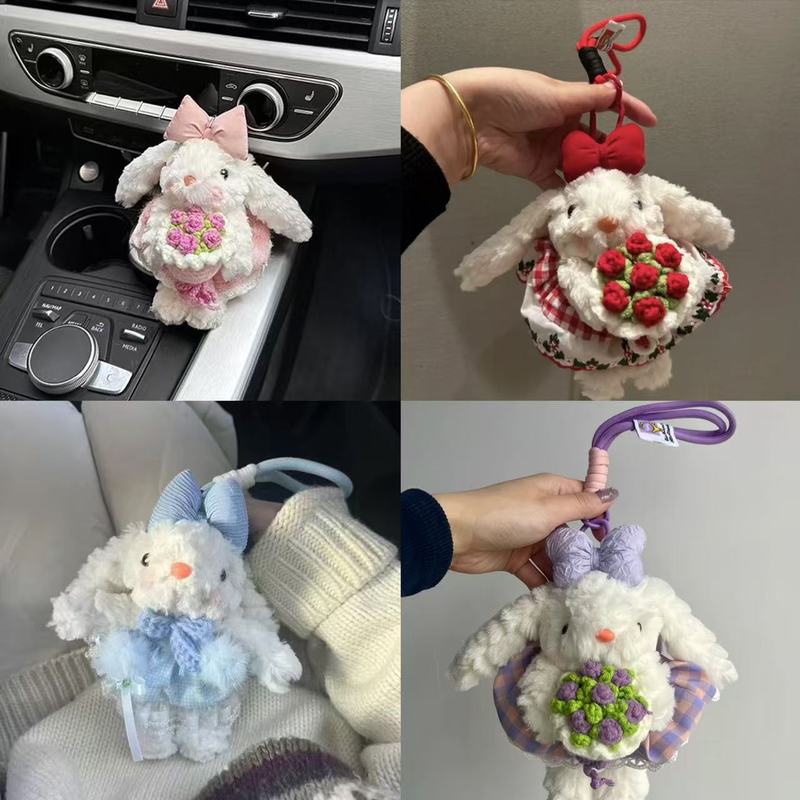 Cute Lop-Eared Rabbit Doll Keychain Plush Doll Pendant Bow Outfit Holding Flowers Car Pendant Wholesale