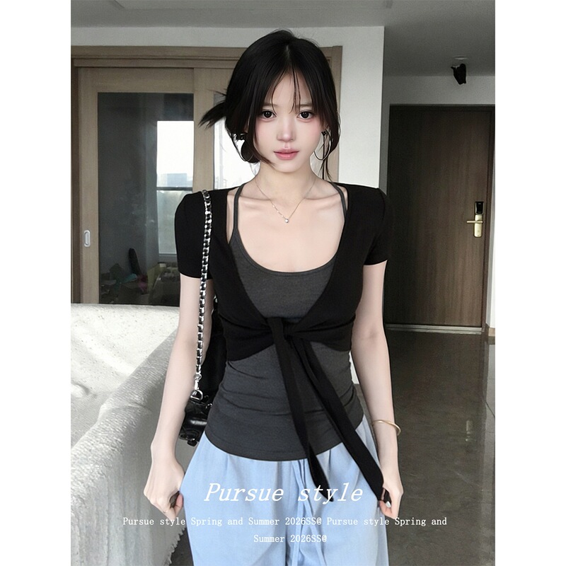 American-Style Spicy Girl Two-Piece Set for Women, Summer Lace-Up Short-Sleeve Cardigan Paired with Halter Neck Camisole, Pure and Alluring Style Top, Trendy