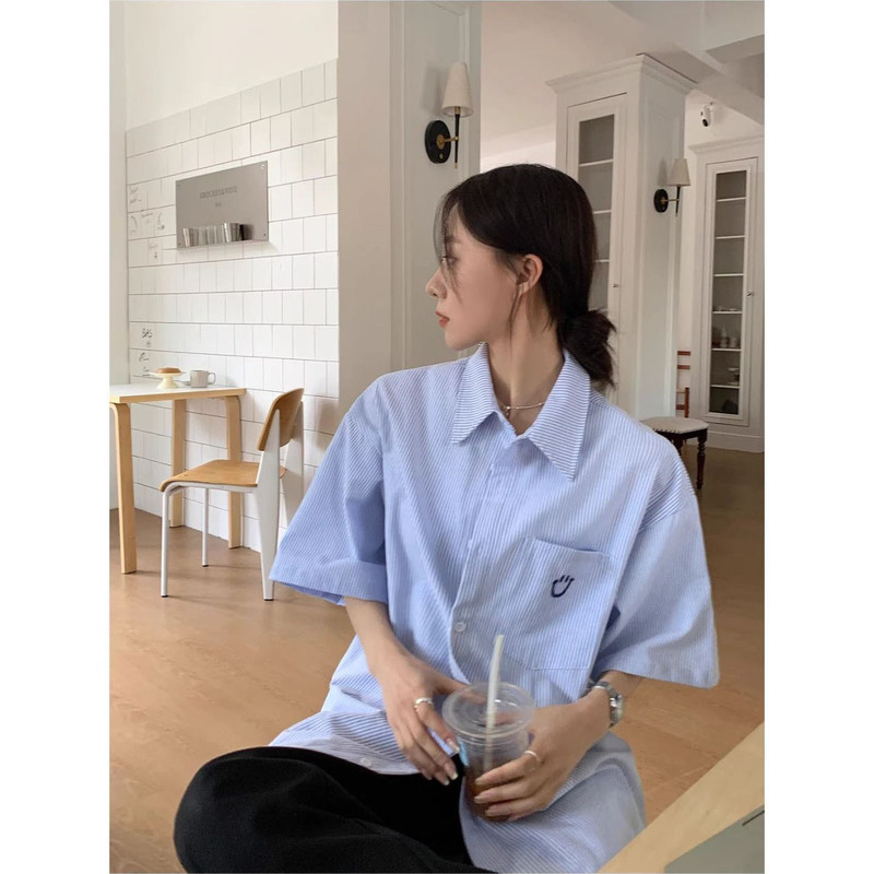 BWKA多巴胺笑脸刺绣短袖衬衣女男夏季潮牌宽松翻领条纹衬衫T恤ins|undefined