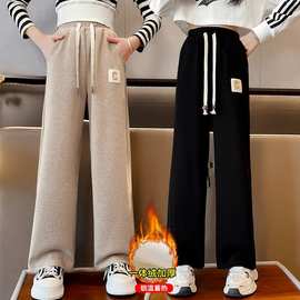 女童加绒裤子秋冬款儿童宽松休闲时尚条绒直筒裤女大童阔腿裤冬季