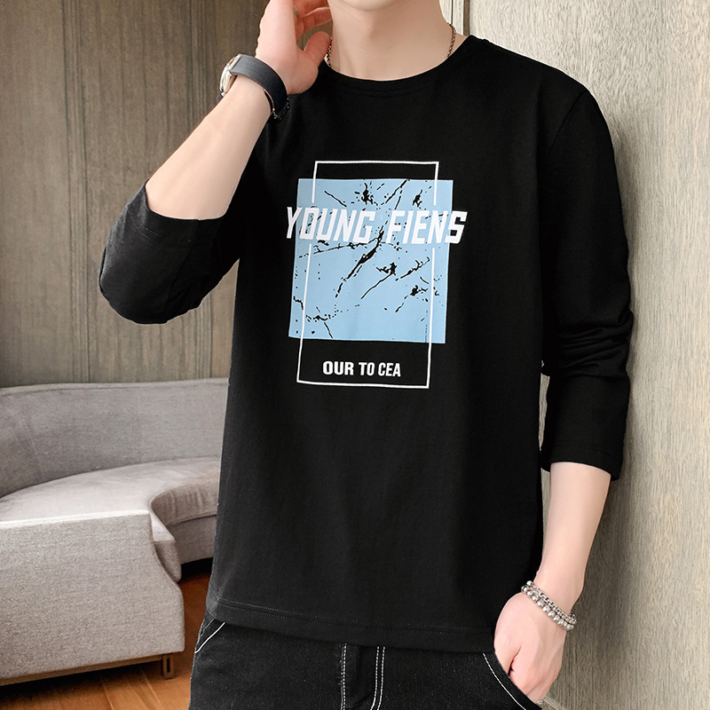 2021 autumn and winter new men's teen Korean version of INS tidal card round neck printed long-sleeved T-shirt bottoming shirt men's clothing