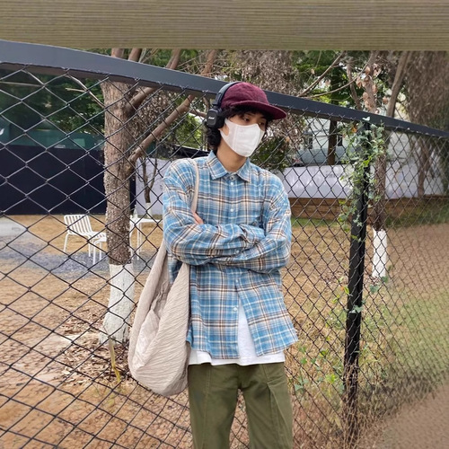 Vintage Checkered Long-Sleeve Shirt, Hong Kong Style Loose Collar Shirt, Couple Summer Trendy Versatile Casual Top Outerwear