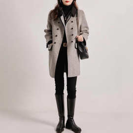 秋冬新款时尚韩版显瘦休闲百搭气质撞色小翻领毛呢大衣女