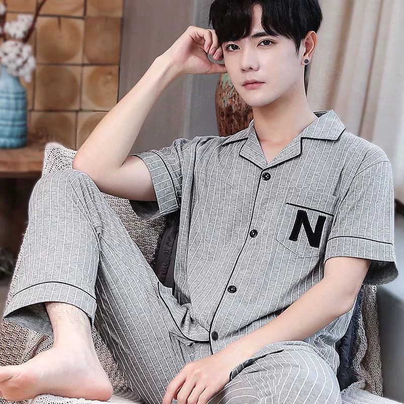 Pijamas para hombres de verano delgados algodón pantalones de mangas cortas para hombres ropa de hogar de verano más grande conjunto