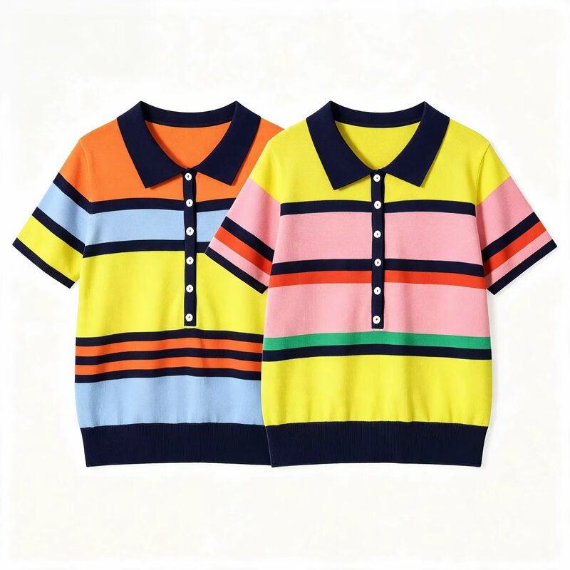 MYST&ZA new women's clothing, casual style short-sleeve POLO shirt with contrasting color stripes, knitted top 3653015
