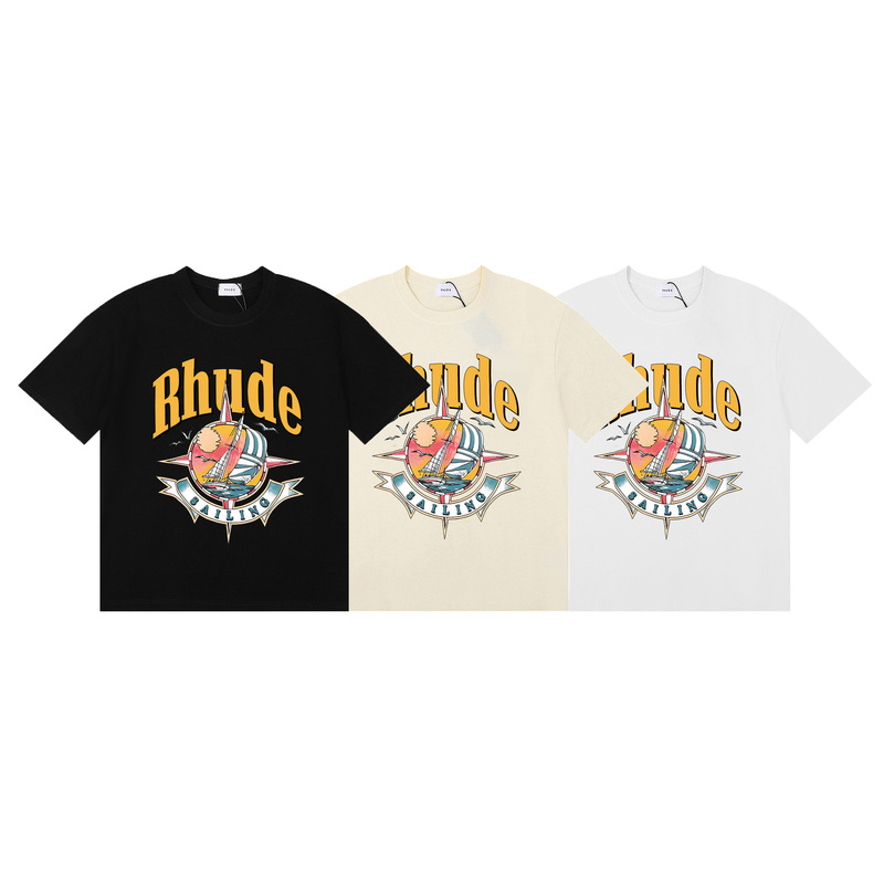 Trendy Rhude Sailing Nautical Print Heavyweight Double Yarn Casual Short Sleeve T-Shirt for Men and Women