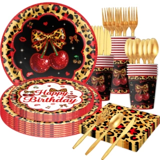 亚马逊樱桃红色豹纹主题生日派对装饰品豹纹桌布周岁布置生日快乐