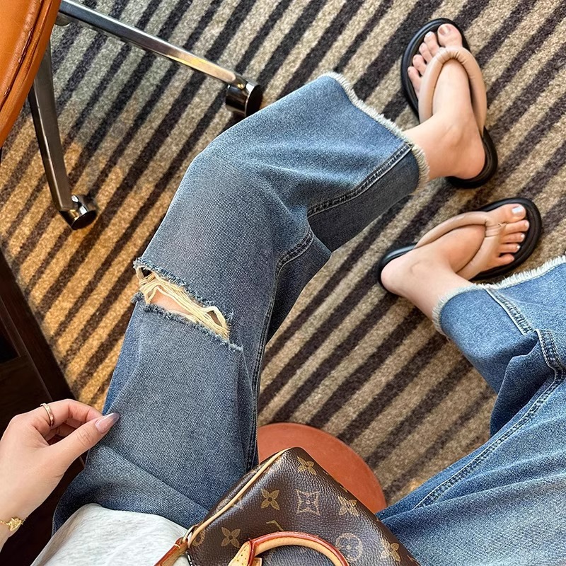 Summer New Cropped Ripped Raw Hem Mixed Denim Jeans for Women, Slim Straight Wide-Leg Pants for Petite Figures
