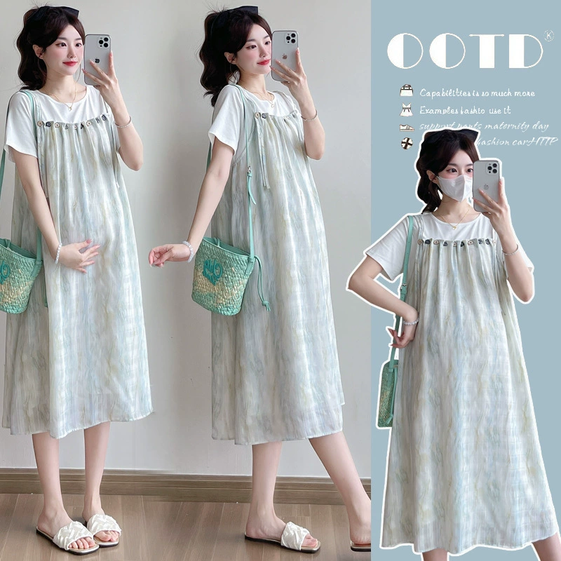 Летнее милое модное платье для беременных, французский стиль, свободного кроя, приталенное, корейский стиль