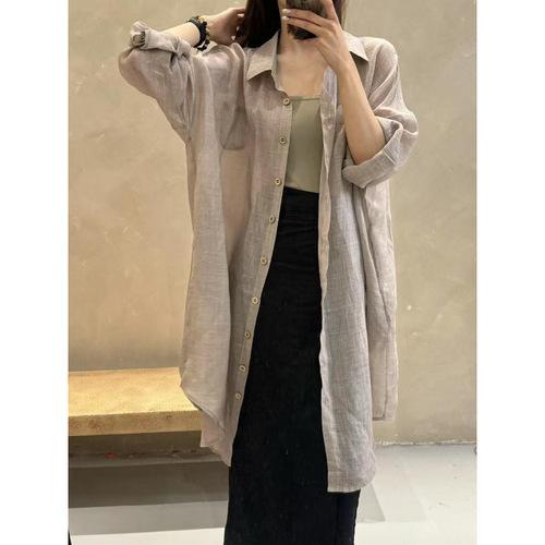 Lazy style shirt, sun protection retro robe, atmospheric wear, light, breathable, loose casual long shirt jacket