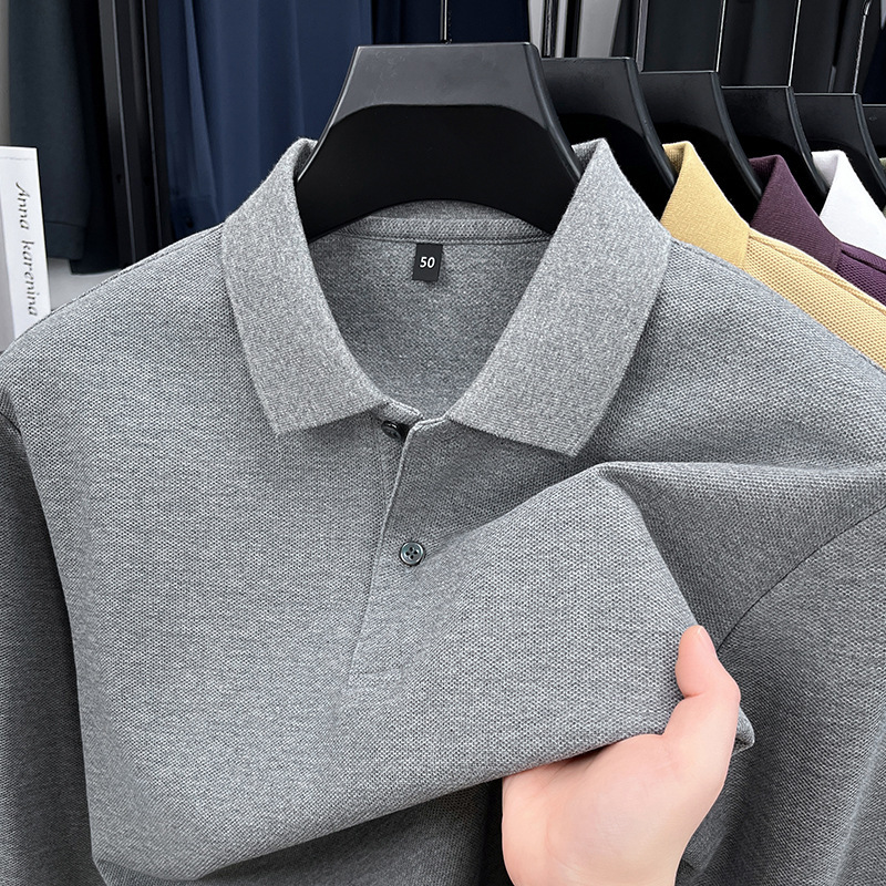 Pure Cotton Long-Sleeved Polo Shirt T-Shirt Men's Spring and Autum New Lapel Pure Color Business Casual Middle-Aged Loose Top