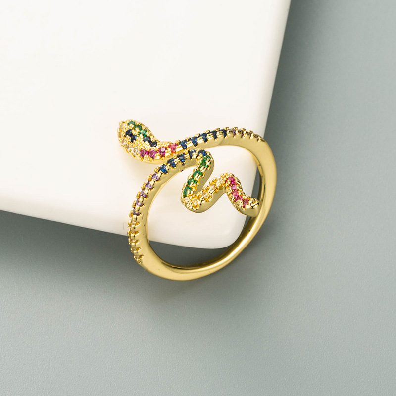 Retro Brass Micro-inlaid Color Zirconium Snake-shaped Ring display picture 4