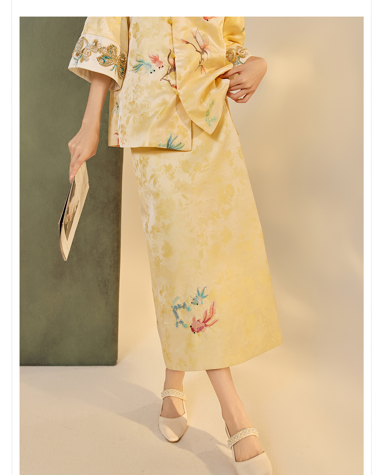 Bộ áo váy satin thêu jacquard cổ tròn phong cách Trung Hoa N6026 — áo, váy chi tiết 17