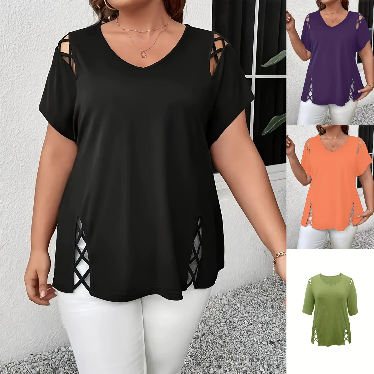 Новая женская футболка больших размеров 2026 года для трансграничной торговли на Amazon (Европа и Америка), летняя, с V-образным вырезом, перекрестными бретелями и коротким рукавом, для полных женщин.