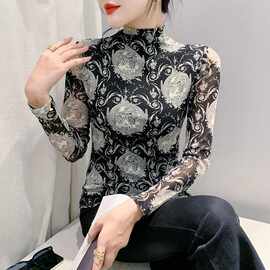 欧货欧货2023秋新款半高领修身时尚长袖网纱印花T恤女洋气小衫潮