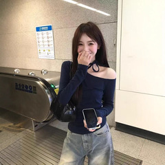美式复古V领长袖t恤女春秋辣妹紧身短款设计感小众内搭上衣打底衫