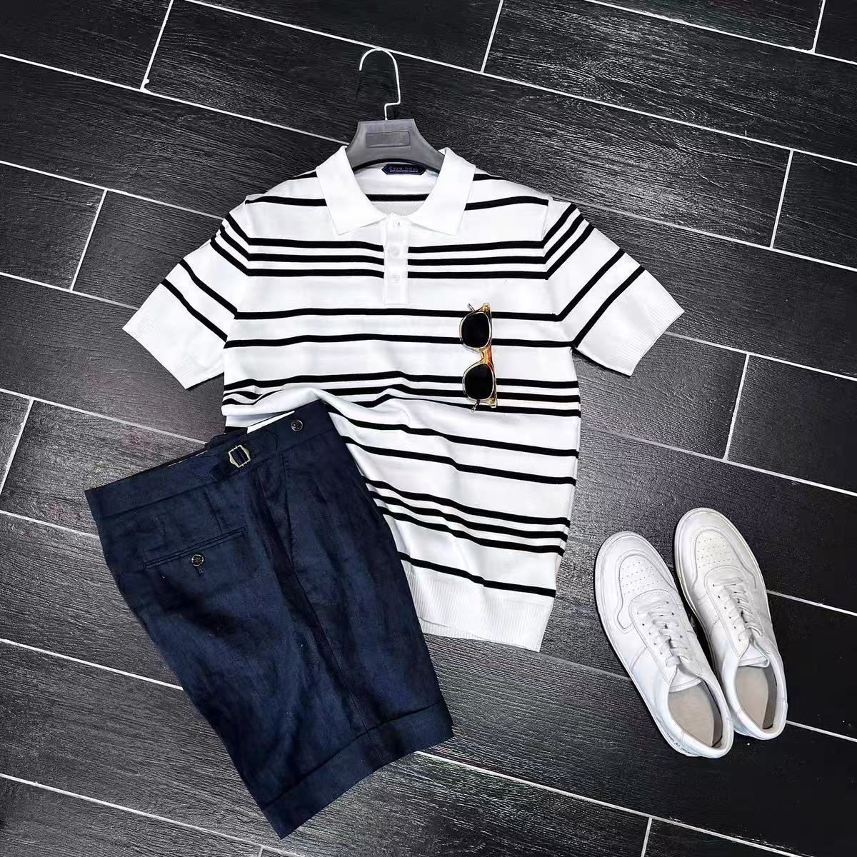 Camiseta de polo a rayas masculina de verano suelta japonesa con solapa de manga corta suelta marca de moda retro camiseta de negocios de media manga